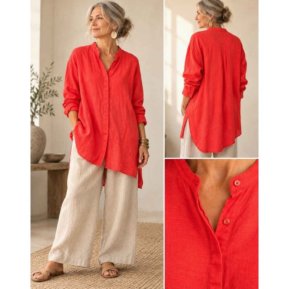 Eileen Fisher Organic Linen Tunic Womens M Orange Long Sleeve Button Front Shirt
